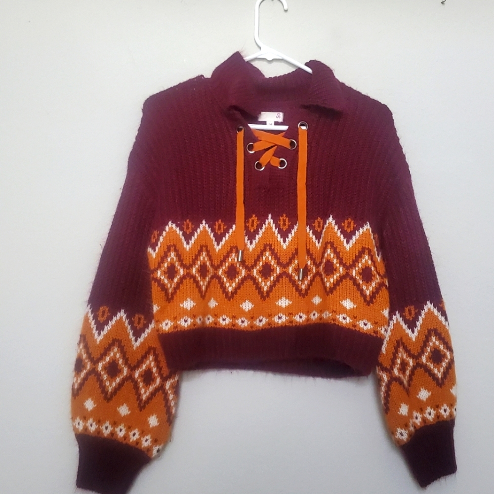 Women's Cropped Fall Sweater with Lace